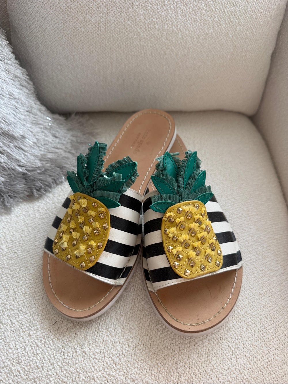 Pineapple Embellished Black & White Stripe Slide Sandals